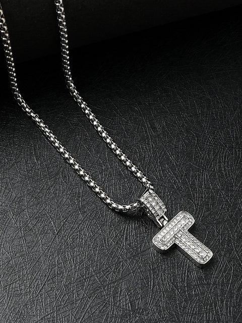 Embellished T Alphabet Pendant with Chain - Silver