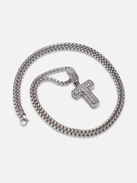 Embellished T Alphabet Pendant with Chain - Silver