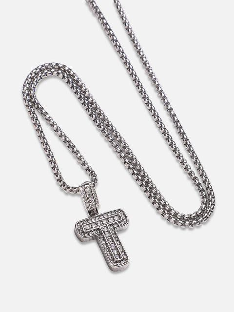 Embellished T Alphabet Pendant with Chain - Silver