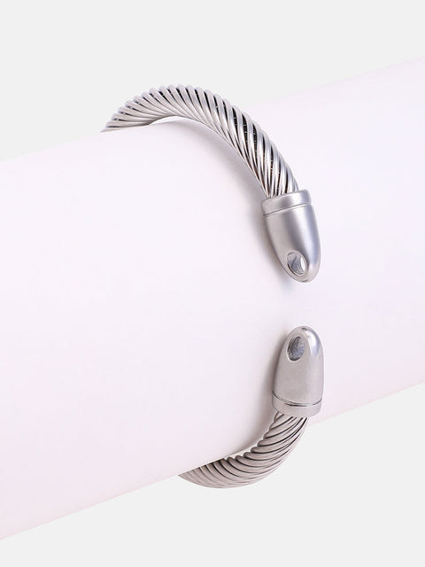 The Everyday-Ribbed Cuff Bracelet - Metallic Silver