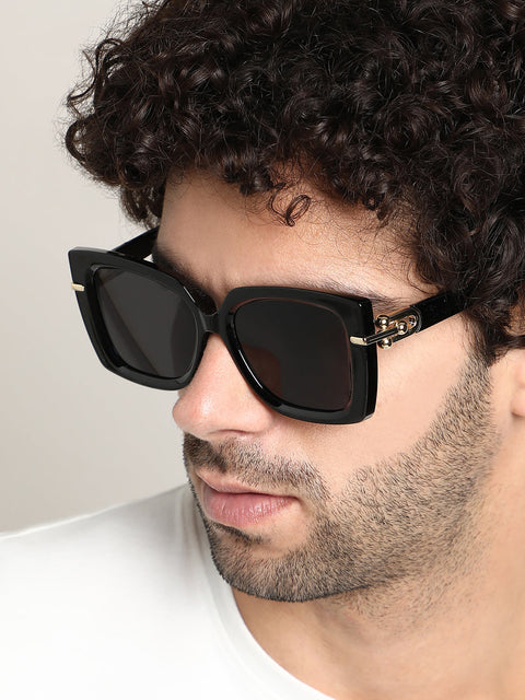 The Gilded Hinge Rectangular Sunglass - Onyx Black