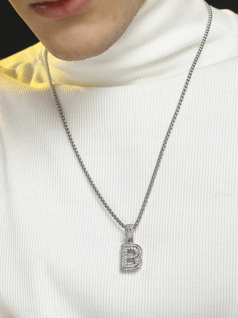 Embellished B Alphabet Pendant with Chain - Silver