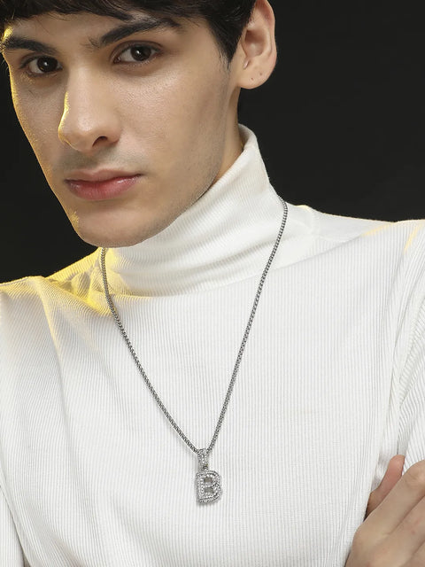 Mens-Embellished-B-Alphabet-Pendant-Necklace-Silver