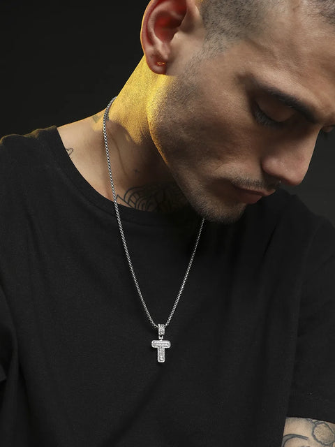 Embellished T Alphabet Pendant with Chain - Silver