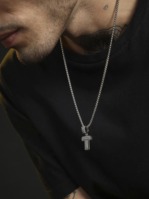 Mens-Embellished-T-Alphabet-Pendant-Necklace-Silver