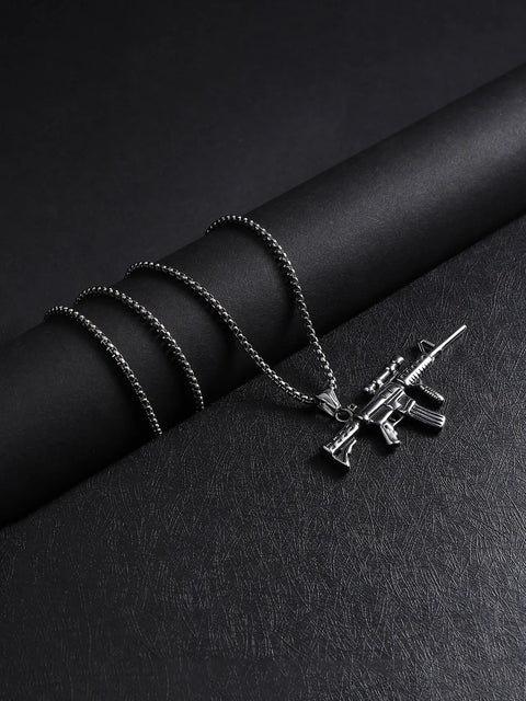 Rifle Gun Pendant with Chain - Silver